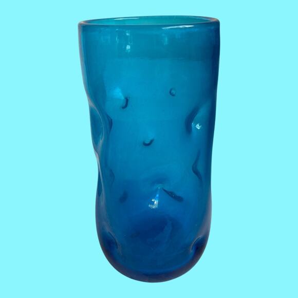 Vintage Single BLENKO Dark Blue Pinched Dimple 6.25” Handblown Glass Tumbler - Picture 3 of 8